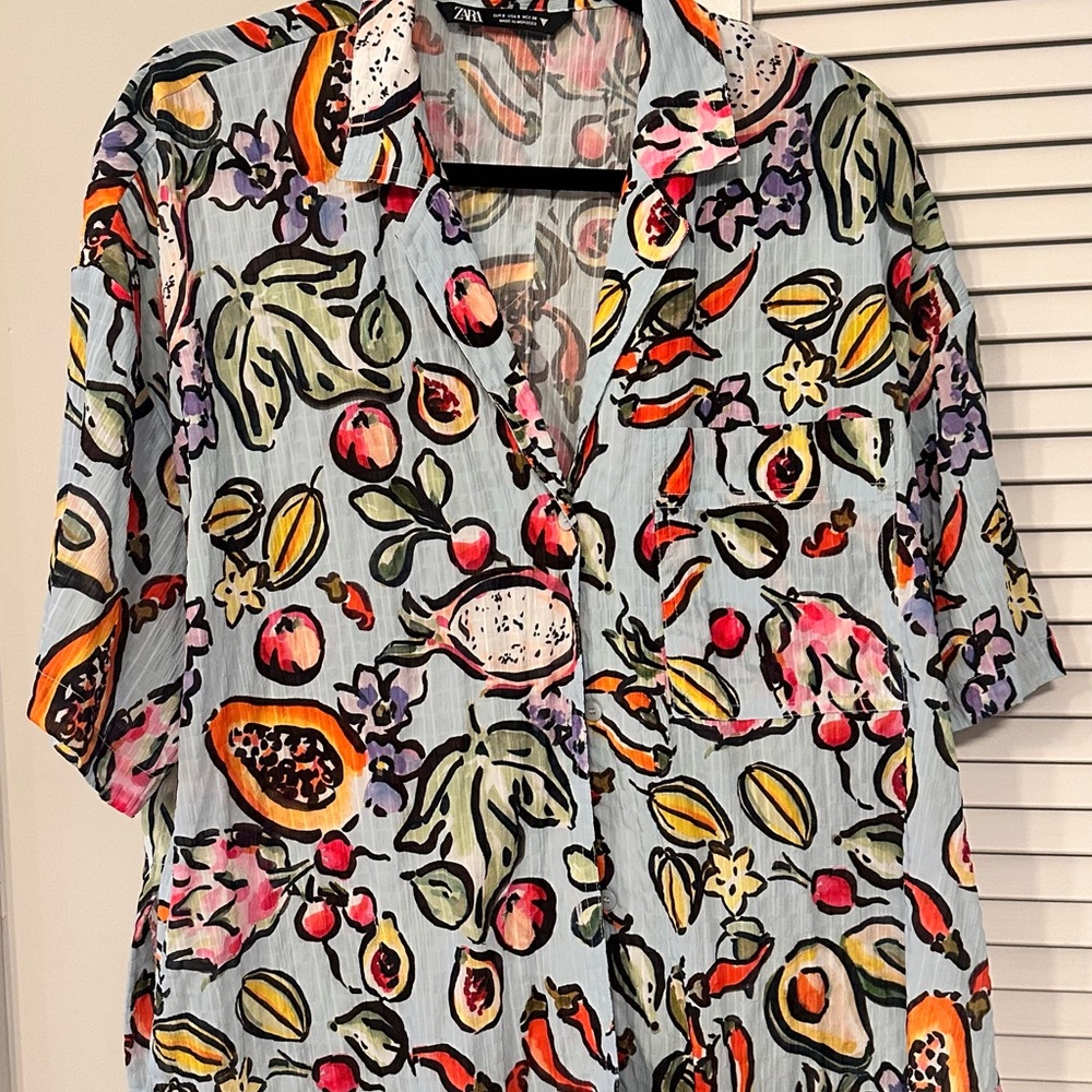 Zara Multicolor Fruit Abstract Patterned Blouse
